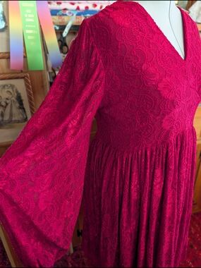 Handmade Red Wine Stretch Lace V-neck Dress with Bishop Sleeves